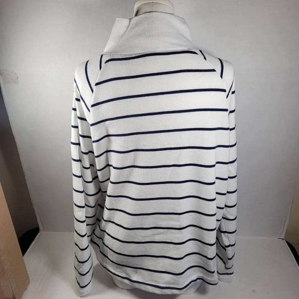 J.Crew Women White Navy Stripe Button Neck Long Sleeve Cotton Blend Tunic Size L